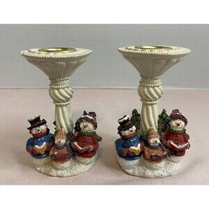 Vintage Caroling Snowman Family Taper Candlestick Holder Matching Pair